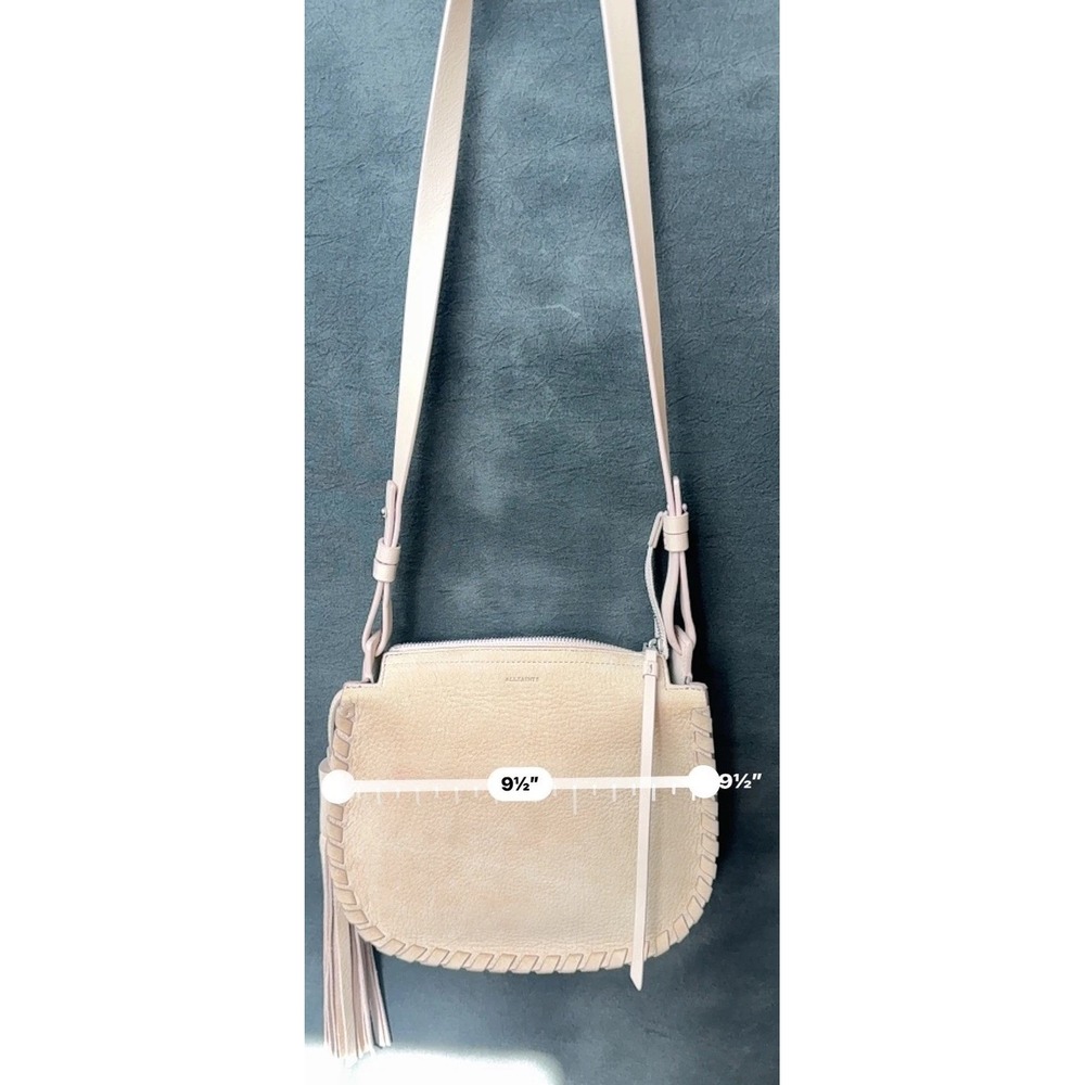 AllSaints Leather Suede Crossbody Bag Beige Tan Tassel Fringe Festival Boho Fall - Picture 9 of 14